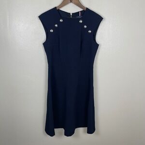 Tommy Hilfiger Women's 6 Fit & Flare Dress Navy Blue Button Accent Sleeveless
